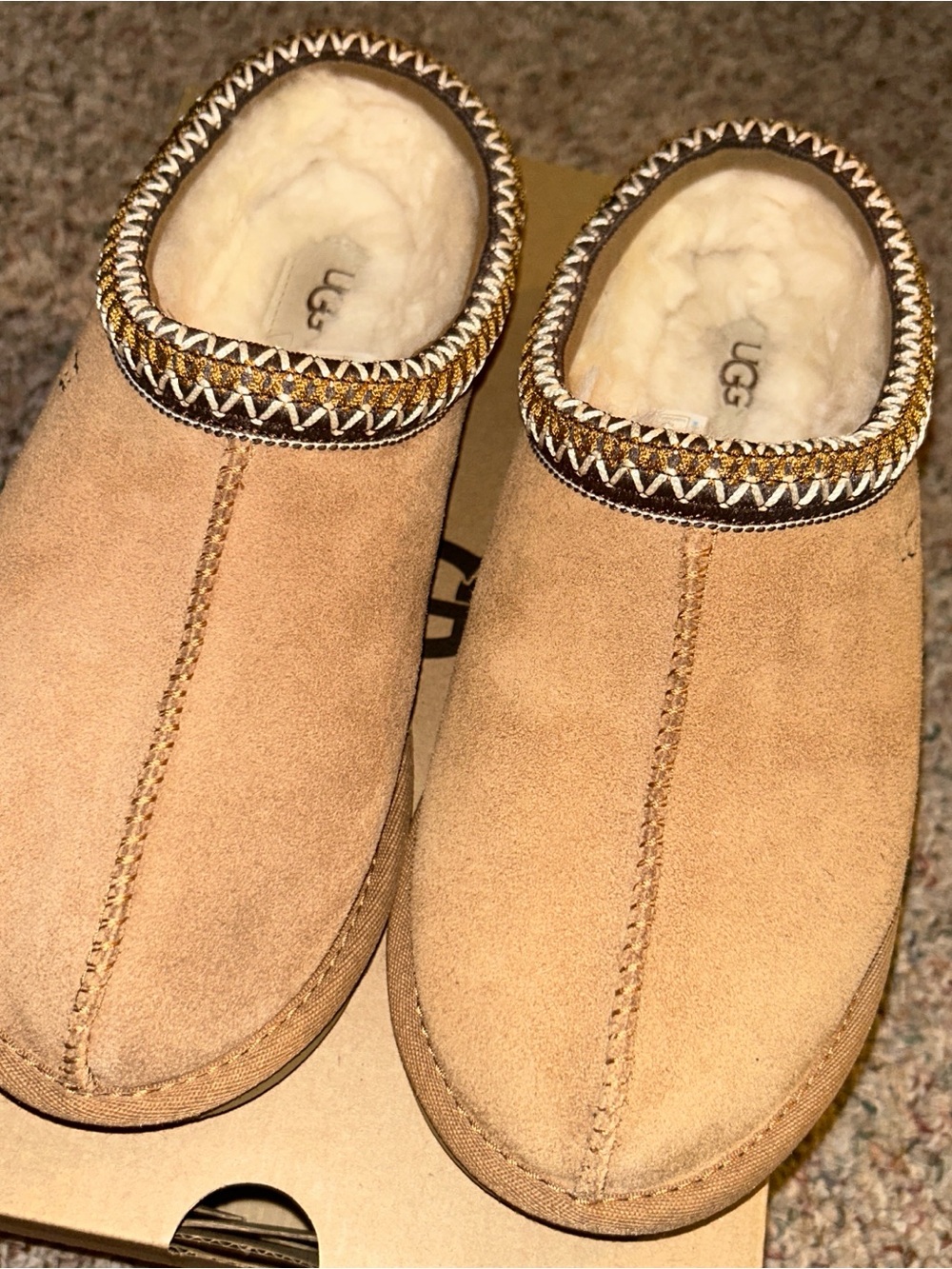 UGG women’s Chestnut/Tan Suede Shearling-Lined Slip-Ons